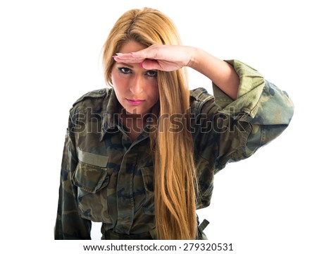 Military woman showing something 