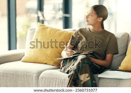 Military, woman and thinking of document for counseling, therapy and health information for insurance, paperwork and form. Soldier, healthcare or veteran writing on survey, checklist or doctor office