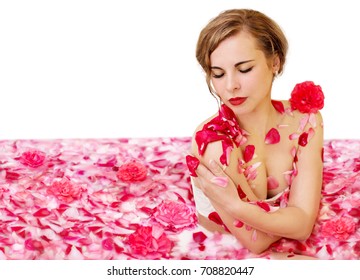 Milk Bath Cleopatra With Rose Petals. Isolated