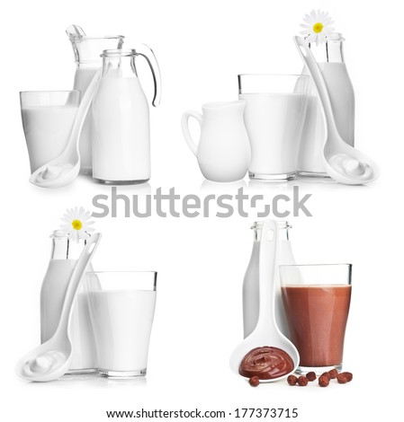 Milk bottle, jar and glass isolated on white background.