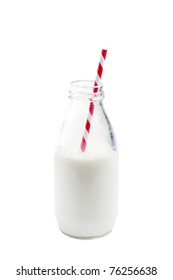 Milk Bottle With Striped Straw Isolated On White