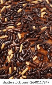 Milk bread with a soft white interior, topped generously with chocolate sprinkles and a touch of white topping. Photographed against a clean white background.