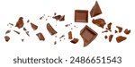  Levitating milk chocolate chunks isolated on white background. Broken chocolate bar pieces and cocoa crumbs explotion  on white background. Chocolate collection
