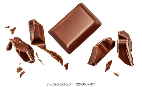  Levitating milk chocolate chunks isolated on white background. Flying Chocolate pieces, shavings and cocoa crumbs Top view. Flat lay - Shutterstock ID 2250489707