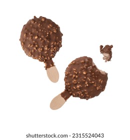 Milk chocolate and crushed almond nuts covered ice cream round on wooden stick, whole and bitten flying on white background. Chocolate nuts sweet popsicle is frozen summer dessert. - Powered by Shutterstock