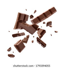 Milk Chocolate Explosion, Pieces Shattering On White Background