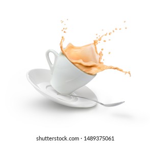 Milk Coffee Splash In White Cup Isolated