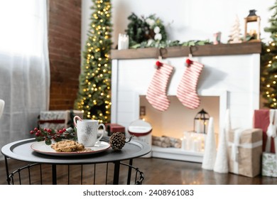 Milk and Cookies left out for Santa Christmas Tree and Stockings Hung - Powered by Shutterstock