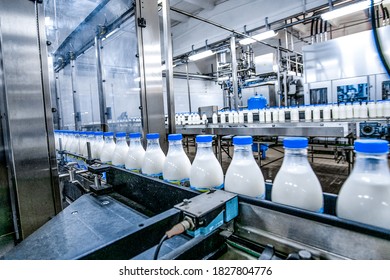 Milk - dairy - production at factory. White bottles with going through conveyor line - Shutterstock ID 1827804776