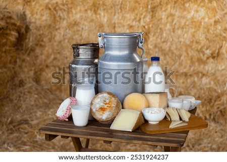 Milk in different containers, various cheese, butter and other dairy products on hay at livestock breeding farm