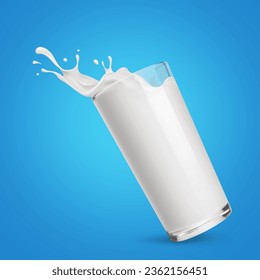 Milk in a glass isolated. Falling glass with milk and splashes of milk on a blue background. - Powered by Shutterstock