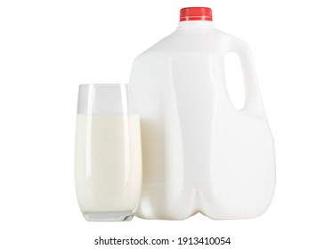 Milk. Glass Of Milk And One Gallon Of Whole Milk. Organic Milk Product. White Plastic Bottle One Gallon Or 3.78 Liter On White Isolated Background. 