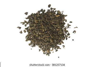 Milk Oolong Green Leaf Tea, High Angle View Isolated On White Background 