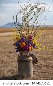 Milk Pale Of Flowers Arrangement Close Up