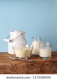 Milk Powder, Glass And  Glass Jug With Milk, Milk Jug