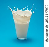 Milk splash (crown) on a glass of milk isolated on blue background. 