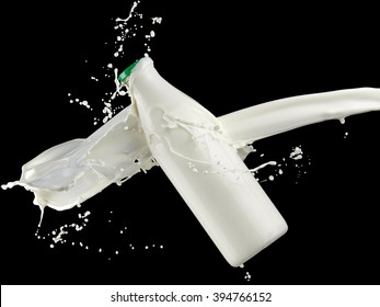 Milk Splash Over A Full Milk Bottle, Close Up