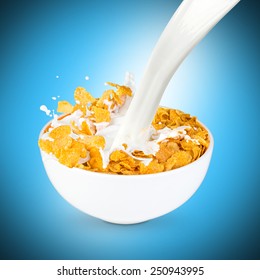 Milk Splashes Into Corn Flakes Bowl