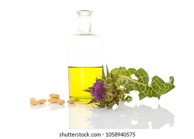 Milk Thistle Oil Extract With Milk Thistle Flower And Supplement Pills Isolated On White Background.