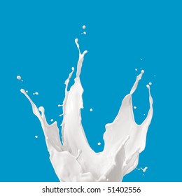 Milk Or White Liquid Splash On Blue Background