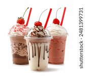 Milkshakes of different flavors in plastic take away cup, top with whip cream and cherries, isolated on white background.