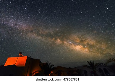 Milky Way Above The Village Near Sahara Desert  At Night, Morocco