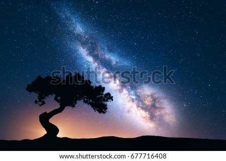 Milky Way with alone old crooked tree on the hill. Colorful night landscape with bright milky way, starry sky and tree in summer. Space background. Amazing astrophotography. Beautiful universe. Travel