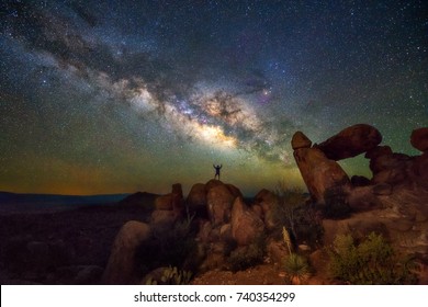 Milky Way At Balanced Rock, Big Bend National Park, Texas USA. Constellation And Galaxy