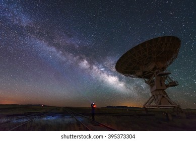 Milky way and big antenna dish at Very Large Array, New Mexico, USA. Powerful telescope for astronomy searching - Shutterstock ID 395373304