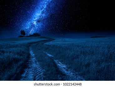 Milky Way, Country Road And Field At Night, Tuscany