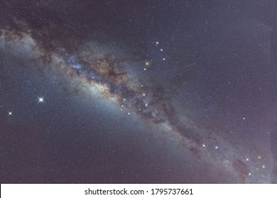 Milky Way Galactic Center As Seen From The Southern Hemisphere, With Jupiter And Saturn To The Left, Star Antares And The Scorpius Constellation At Top Center, And Southern Cross At Bottom Right