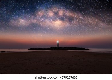 The Milky Way Galaxy Over A Lighthouse
