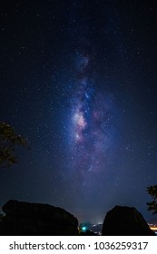 Milky Way Galaxy View From Top Of Mountain Over The Night City