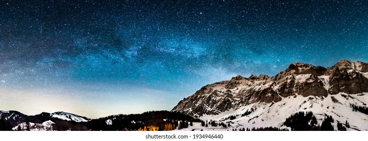 Milky Way In The Night Over The Swiss Mountains In Appenzell 