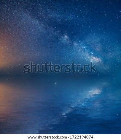 Milky Way in night sky and water reflection. Pure nature background scene.