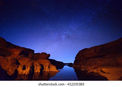 Milky Way On Grand Canyon Of Thailand In Dark Night.