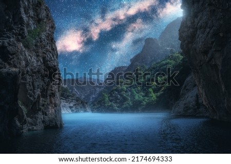 Milky Way over the beautiful mountain canyon and blue sea at night in summer. Colorful landscape with bright starry sky with Milky Way, rocks, trees, moonlight, fog, water. Galaxy. Nature and space
