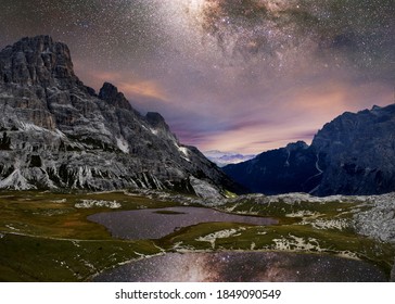 Milky Way over mountain pools near Cortina d'Ampezzo in the Italian Dolomites.