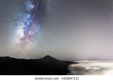 Milky Way Star Night Sky Time Lapse over Teide National Park in Tenerife / Canary Islands. Cloud Sea over La Orotava Landscape