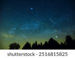 Milky Way stars with meteor shower trails and countryside tree silhouettes.