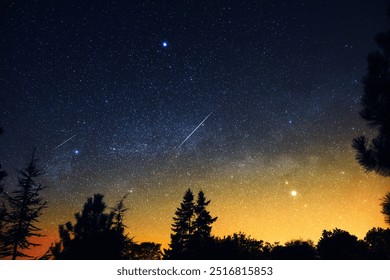 Milky Way stars with meteor shower trails and countryside tree silhouettes. - Powered by Shutterstock