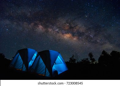 Milky Way With Stars And Tent In Foreground, Family Camping In The North Thailand, Lampang.