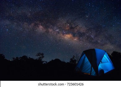 Milky Way With Stars And Tent In Foreground, Family Camping In The North Thailand, Lampang.