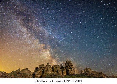 Milky Way Starscape Over Hound Tor Rocks, Dartmoor National Park Night Landscape