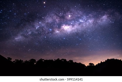 The Milkyway , Miracle Night Sky With  Silhouette Mountain ,copy Space