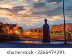 Mill bridge and statue of Cardinal Boleslaw Kominek in Wroclaw, Poland