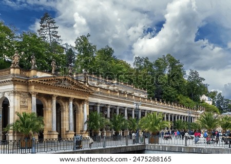 Mill Colonnade is a large colonnade containing several hot springs in the spa town of Karlovy Vary., Czech; republic