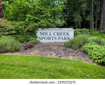 Mill Creek, WA USA - Circa July 2022: Close Up View Of Then Entrance Sign To Mill Creek Sports Park.