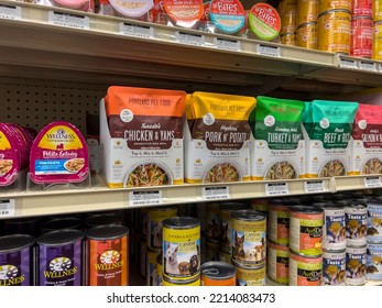 Mill Creek, WA USA - Circa July 2022: Wide Angle View Of A Variety Of Wet Canned Cat Food For Sale Inside A Pet Pros Shop.