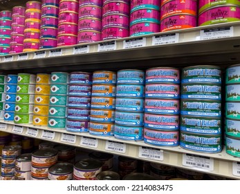 Mill Creek, WA USA - Circa July 2022: Wide Angle View Of A Variety Of Wet Canned Cat Food For Sale Inside A Pet Pros Shop.